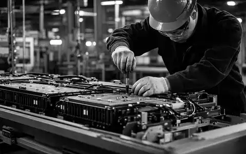 BYD Company Ltd (CNE100000296) – dokumentarische Schwarz-Weiß-Aufnahme zeigt Arbeiter beim Montieren eines Batteriepacks - Foto: THN
