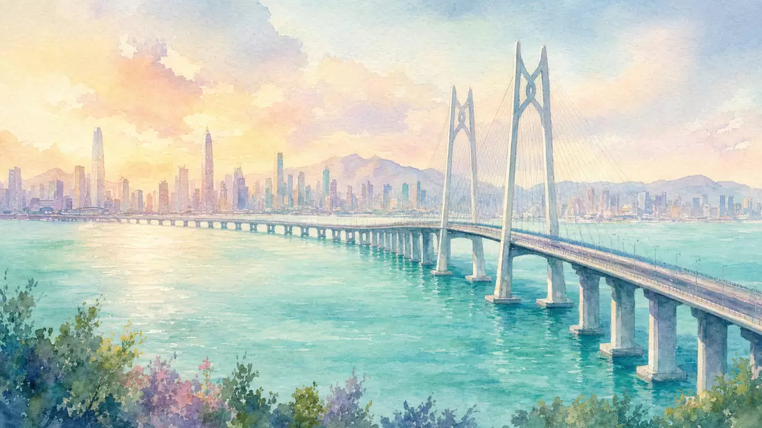 Aquarell der Shenzhen-Skyline mit Bay-Bridge in Pastelltönen und Morgendunst