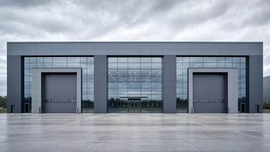 Kubische Glasfabrik mit großen Hallentoren, klare Linien, Stahlgrau-Fassade