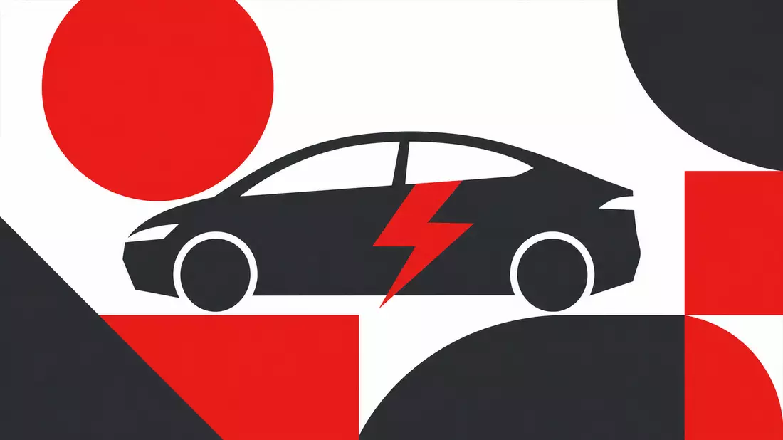 Bauhaus-Grafikposter mit anthrazitfarbener Auto-Silhouette und rotem Blitz-Ladesymbol