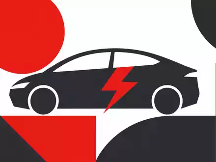 BYD Company Ltd (CNE100000296) – Bauhaus-Poster mit stilisierter Auto-Silhouette und rotem Ladesymbol in Anthrazit - Foto: THN