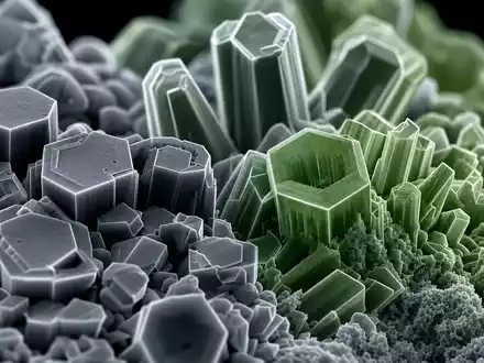 BYD Company Ltd (CNE100000296) – extreme Makroaufnahme zeigt die Lithium-Eisenphosphat-Kristallstruktur unter dem Elektronenmikroskop. - Foto: THN