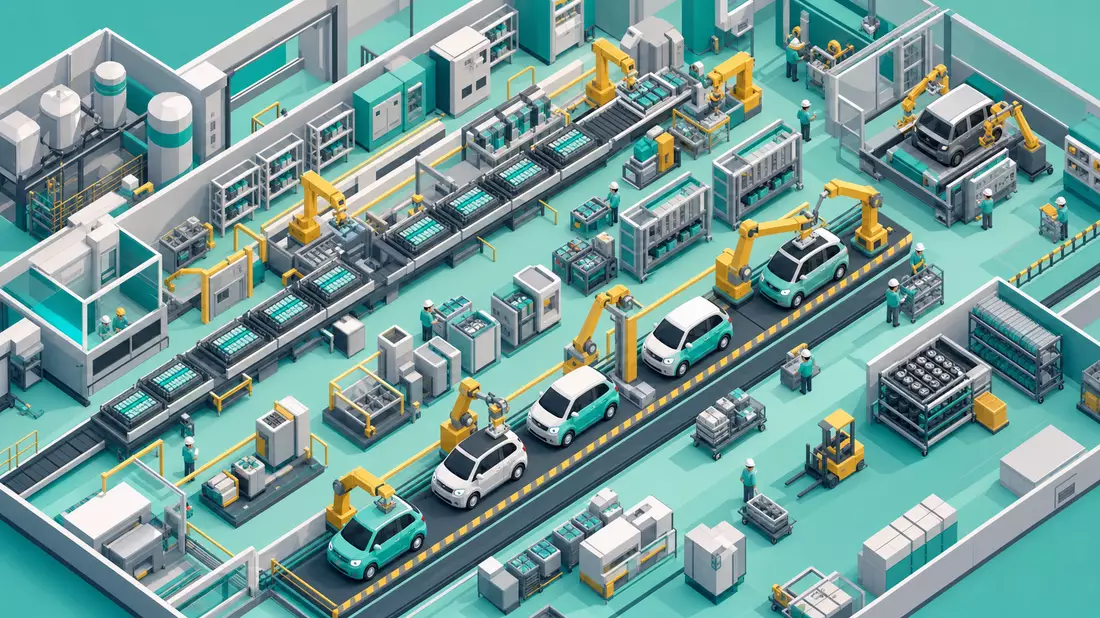 Isometrische Low-Poly-Illustration einer Mini-Fabrik mit Batterie-Montagelinie und E-Autos