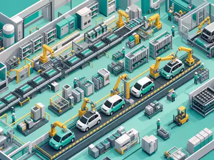 BYD Company Ltd (CNE100000296) – isometrische Low-Poly-Illustration einer Batterie-Montagefabrik mit fertigen E-Autos auf Fließband - Foto: THN