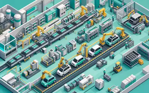 BYD Company Ltd (CNE100000296) – isometrische Low-Poly-Illustration einer Batterie-Montagefabrik mit fertigen E-Autos auf Fließband - Foto: THN