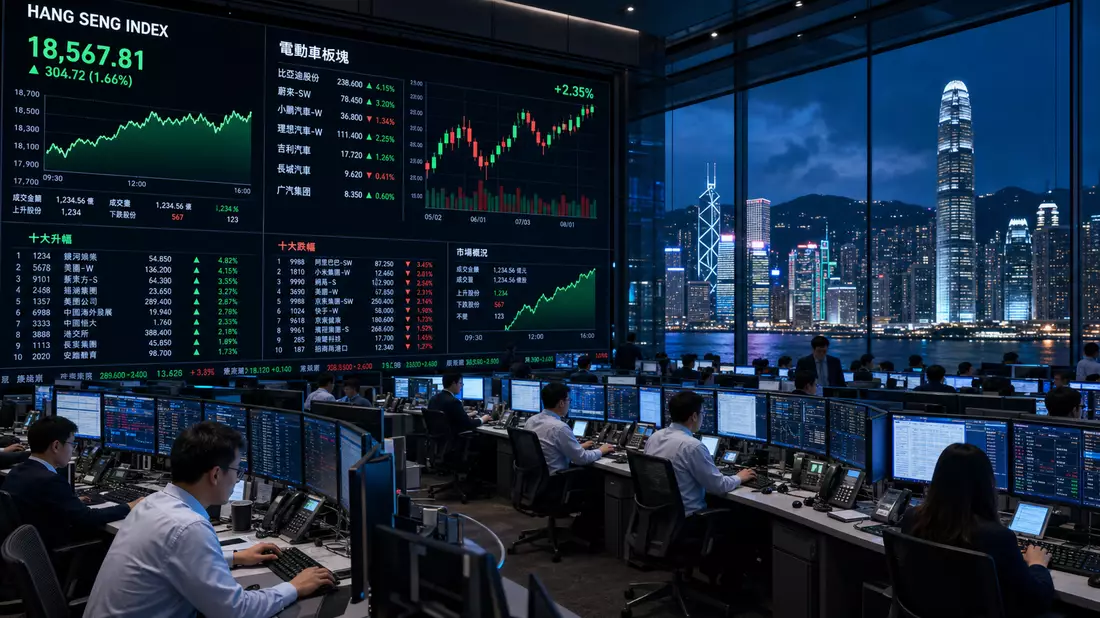 Hongkonger Trading-Floor mit HSI-Anzeigetafel und EV-Sektor-Charts auf Bildschirmen