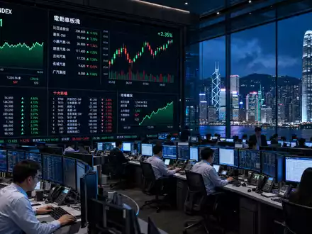 BYD Company Ltd (CNE100000296) – Hongkonger Trading-Floor mit HSI-Tafel und EV-Sektor-Charts auf Monitoren - Foto: THN