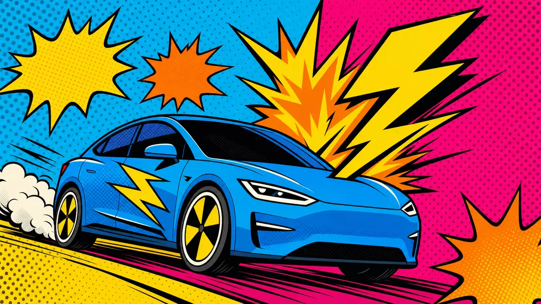 Pop-Art-Comic mit blauem E-Auto, gelbem Blitz-Symbol und buntem Halftone-Raster