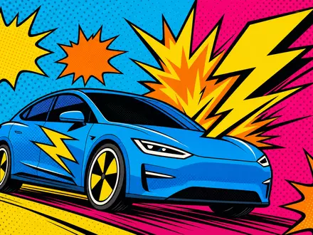 BYD Company Ltd (CNE100000296) – Pop-Art-Comic mit stilisiertem E-Auto und Blitz-Symbol im bunten Halftone-Raster - Foto: THN