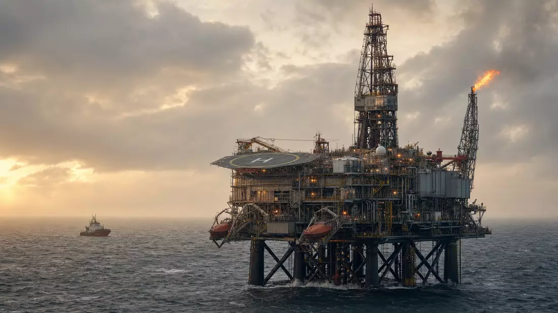 Fotorealistische Offshore-Ölplattform in der Nordsee bei goldenem Abendlicht mit Helipad