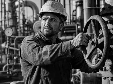 BP plc GB0007980591 zeigt Ingenieur in Overall am Ventilrad einer Raffinerie, dokumentarisch - Foto: THN