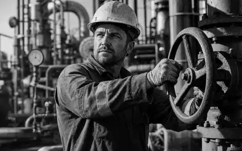 BP plc GB0007980591 zeigt Ingenieur in Overall am Ventilrad einer Raffinerie, dokumentarisch - Foto: THN