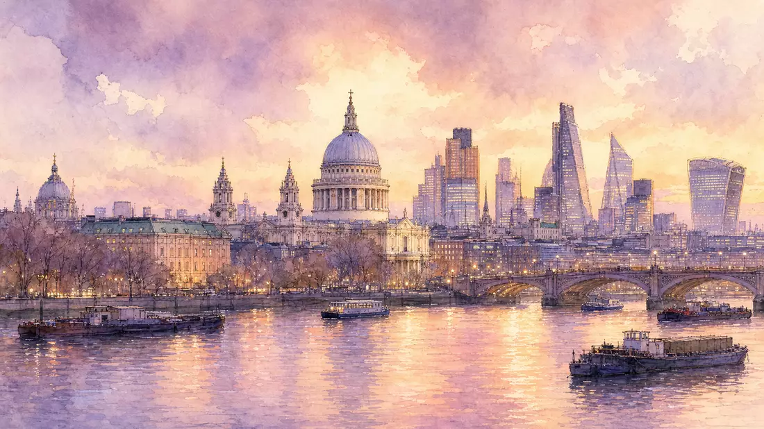 Aquarellmalerei der Londoner Skyline mit St. Paul's Cathedral in zarten Pastell-Abenddüften