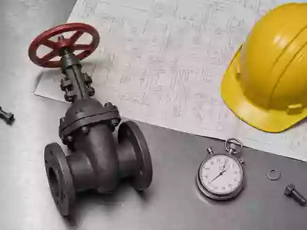 BP plc GB0007980591 dokumentiert im Industrie-Flatlay Pipeline-Ventil, gelben Schutzhelm, technischen Schaltplan und Stoppuhr - Foto: THN