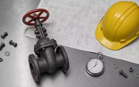 BP plc GB0007980591 dokumentiert im Industrie-Flatlay Pipeline-Ventil, gelben Schutzhelm, technischen Schaltplan und Stoppuhr. - Foto: THN