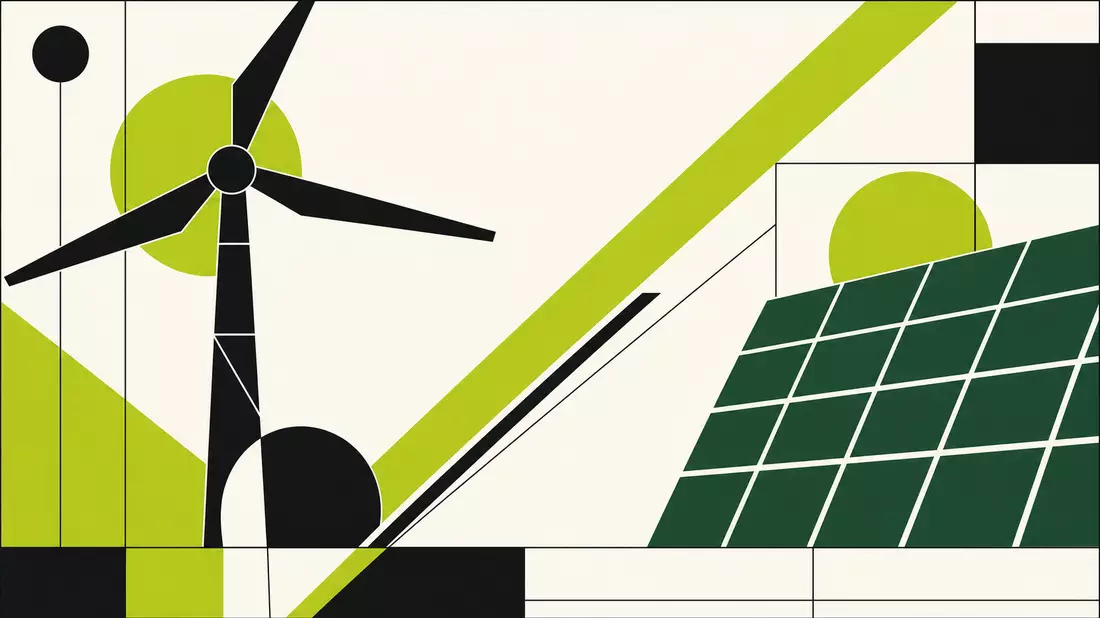 Geometrisches Bauhaus-Poster mit schwarzem Windrad und grünem Solarpanel auf weißem Hintergrund