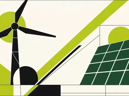 BP plc GB0007980591 Energiewende als Bauhaus-Poster mit Windrad und Solarpanel in Grün-Schwarz - Foto: THN