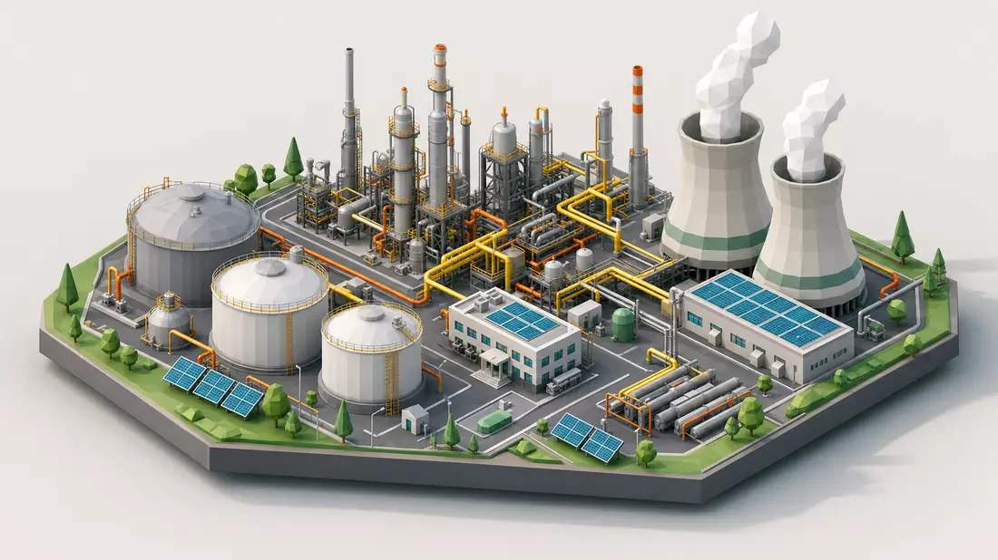 Isometrisches 3D-Diorama einer Low-Poly-Raffinerie mit Tanks, Rohren und blauen Solarpanels