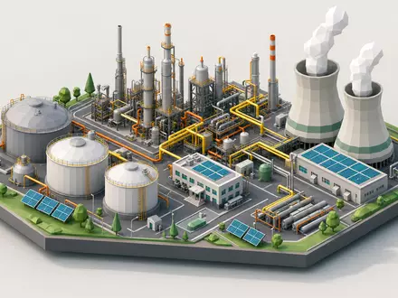 BP plc GB0007980591 als isometrisches Low-Poly-Raffinerie-Diorama mit Tanks, Rohren und blauen Solarpanels - Foto: THN