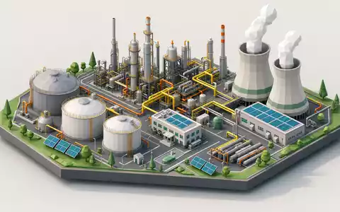 BP plc GB0007980591 als isometrisches Low-Poly-Raffinerie-Diorama mit Tanks, Rohren und blauen Solarpanels. - Foto: THN