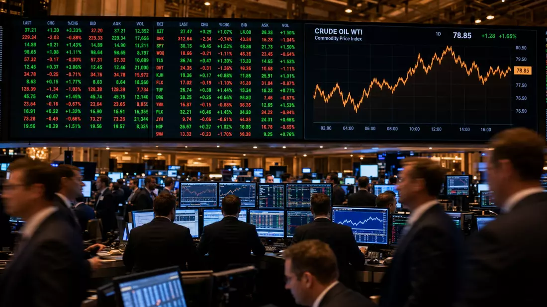 Belebter Börsen-Trading-Floor mit großer Kurstafel und Rohöl-Preischart auf Monitor