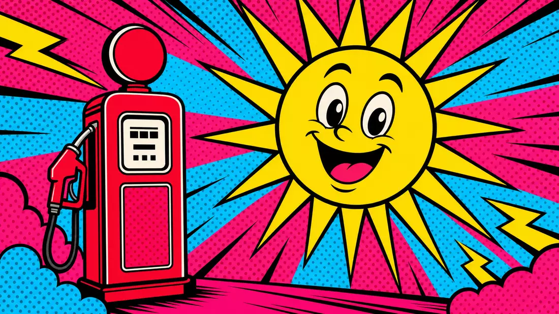 Pop-Art-Komposition mit roter Retro-Tanksäule und lachender Cartoon-Sonne im Halftone-Raster