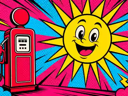 BP plc GB0007980591 als knallbunte Pop-Art-Illustration mit roter Retro-Tanksäule und lachender Sonne im Halftone-Raster - Foto: THN