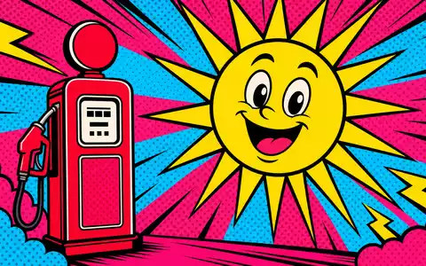 BP plc GB0007980591 als knallbunte Pop-Art-Illustration mit roter Retro-Tanksäule und lachender Sonne im Halftone-Raster - Foto: THN
