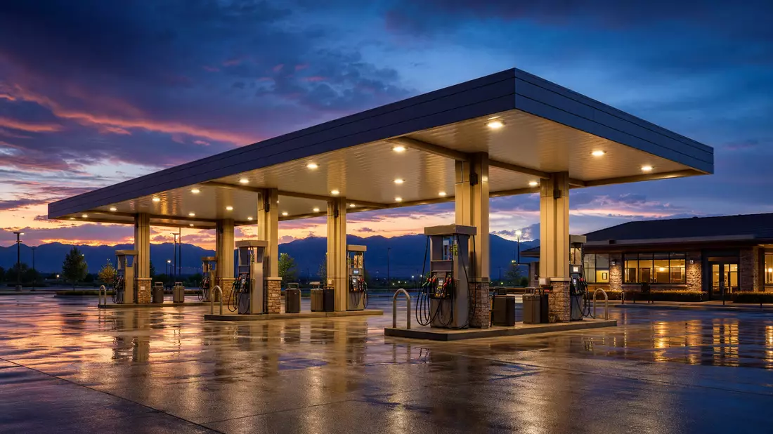 Generische Tankstelle bei Dämmerung, hohes Vordach mit LED-Beleuchtung, nasser Betonvorplatz