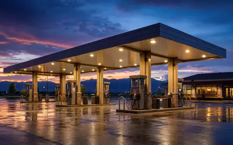 Shell plc GB00BP6MXD84: fotorealistische Tankstelle bei Abenddämmerung mit leuchtendem Vordach und nasser Vorfahrt - Foto: THN