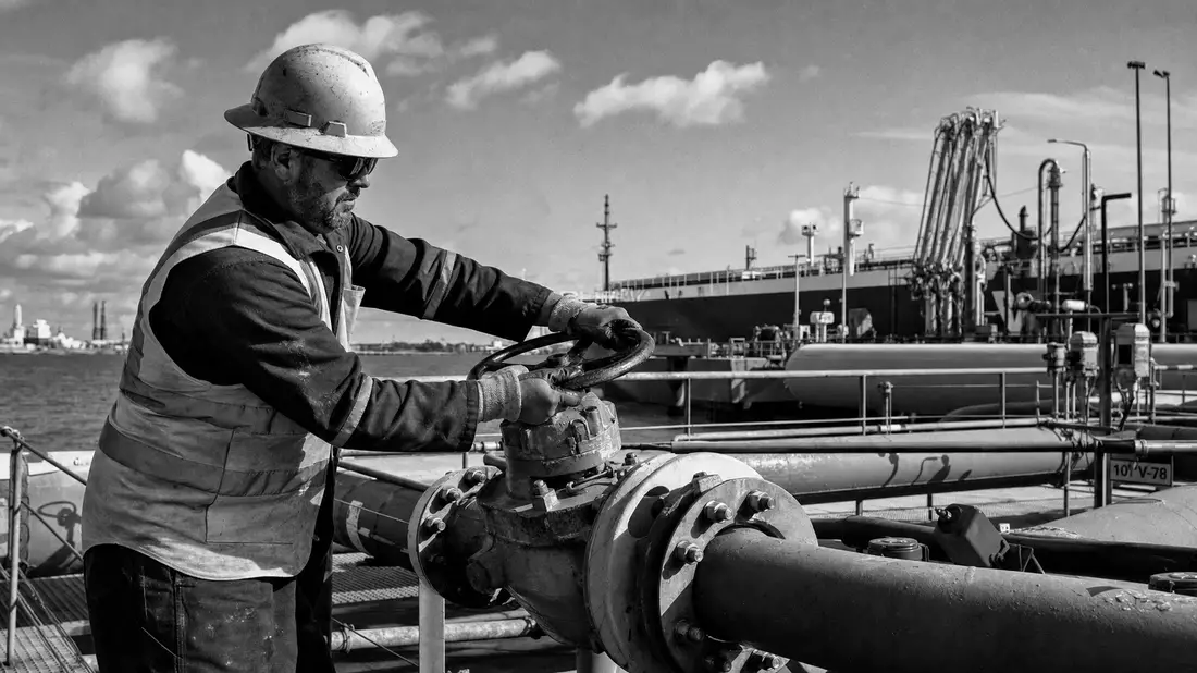Industriearbeiter mit Helm bedient Rohrventil an Tanker-Verladestation, Schwarz-Weiß-Reportage