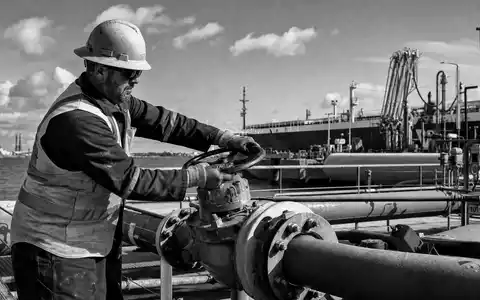 Shell plc GB00BP6MXD84: dokumentarische Schwarz-Weiß-Aufnahme eines Industriearbeiters mit Helm an einer Tanker-Verladestation - Foto: THN