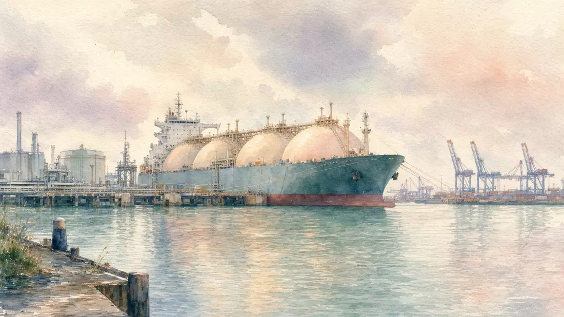 Aquarell Rotterdamer Hafen mit LNG-Tanker, Pastelltöne, weiche impressionistische Pinselführung