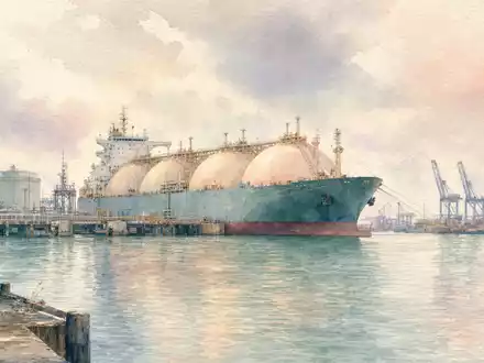 Shell plc GB00BP6MXD84: Aquarellbild des Rotterdamer Hafens mit LNG-Tanker in weichen Pastelltönen - Foto: THN