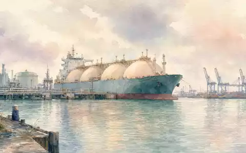 Shell plc GB00BP6MXD84: Aquarellbild des Rotterdamer Hafens mit LNG-Tanker in weichen Pastelltönen - Foto: THN