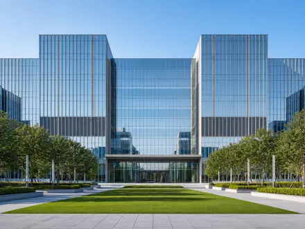 Shell plc GB00BP6MXD84: moderner Glas-Konzernhauptsitz mit grünem Vorplatz, klaren Linien und blauem Himmel - Foto: THN