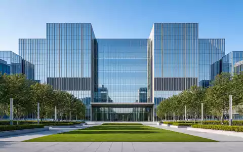 Shell plc GB00BP6MXD84: moderner Glas-Konzernhauptsitz mit grünem Vorplatz, klaren Linien und blauem Himmel - Foto: THN