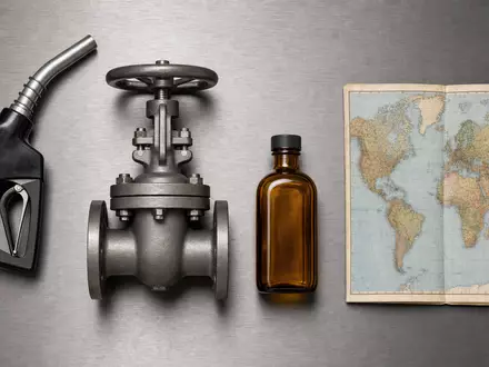 Shell plc GB00BP6MXD84: Flatlay mit Zapfpistole, Pipeline-Ventil, Ă–lflasche und Weltkarte auf Stahltisch - Foto: THN