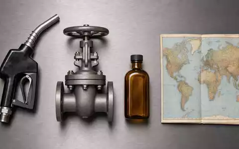 Shell plc GB00BP6MXD84: Flatlay mit Zapfpistole, Pipeline-Ventil, Ölflasche und Weltkarte auf Stahltisch - Foto: THN