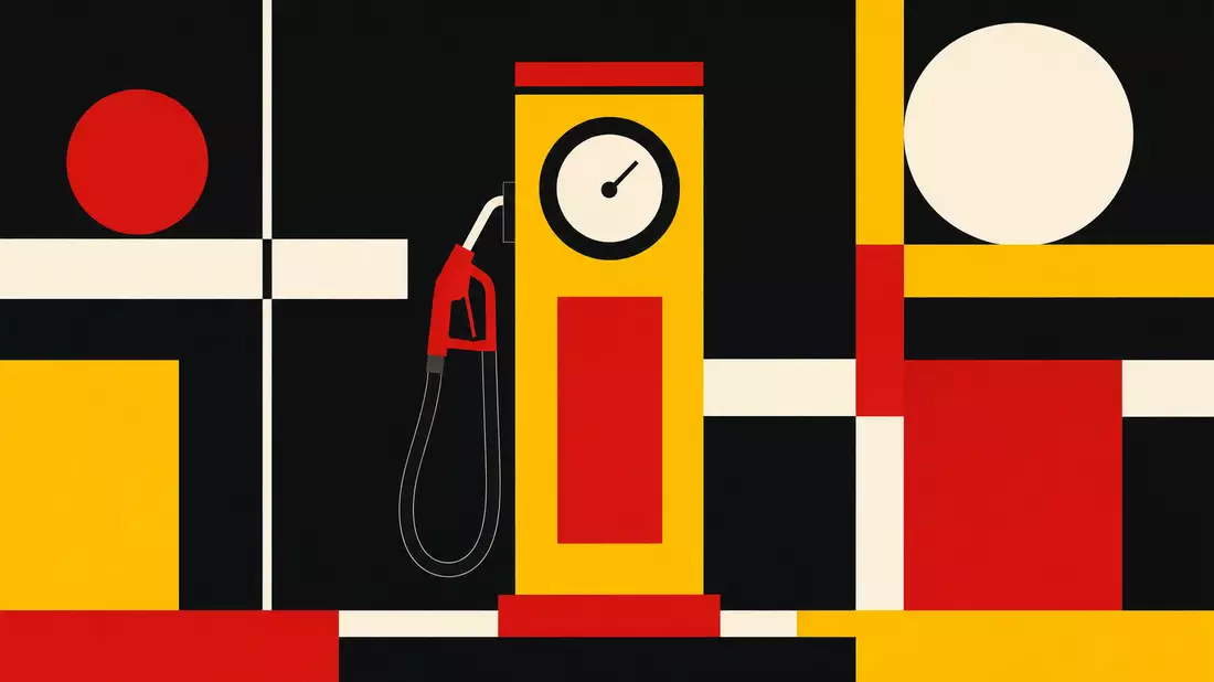Bauhaus-Stil geometrisches Poster mit stilisierter Zapfsäule in Gelb und Rot auf schwarzem Grund