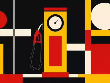 Shell plc GB00BP6MXD84: geometrisches Bauhaus-Poster mit stilisierter Tanksäule in Gelb, Rot und Weiß - Foto: THN