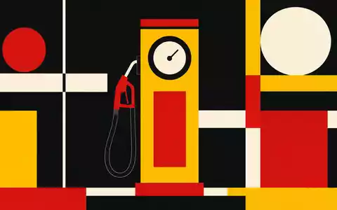 Shell plc GB00BP6MXD84: geometrisches Bauhaus-Poster mit stilisierter Tanksäule in Gelb, Rot und Weiß - Foto: THN