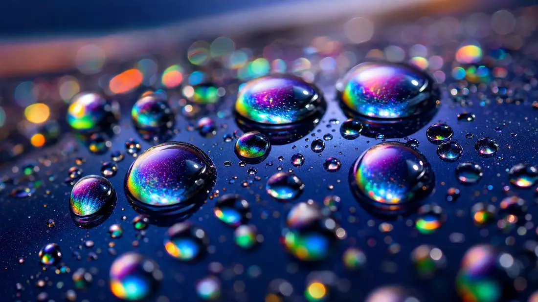 Extreme Nahaufnahme Wassertropfen auf Autolack mit Regenbogenreflexen, flacher Schärfentiefe