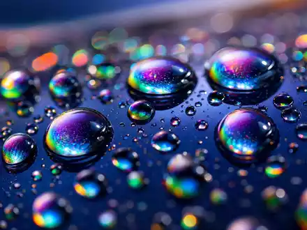 Shell plc GB00BP6MXD84: extreme Makroaufnahme von irisierenden Wassertropfen auf hochglänzendem Autolack mit Regenbogenschimmer - Foto: THN