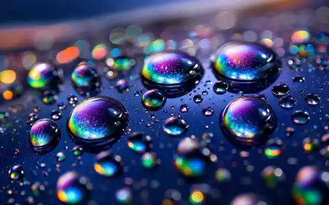 Shell plc GB00BP6MXD84: extreme Makroaufnahme von irisierenden Wassertropfen auf hochglänzendem Autolack mit Regenbogenschimmer - Foto: THN