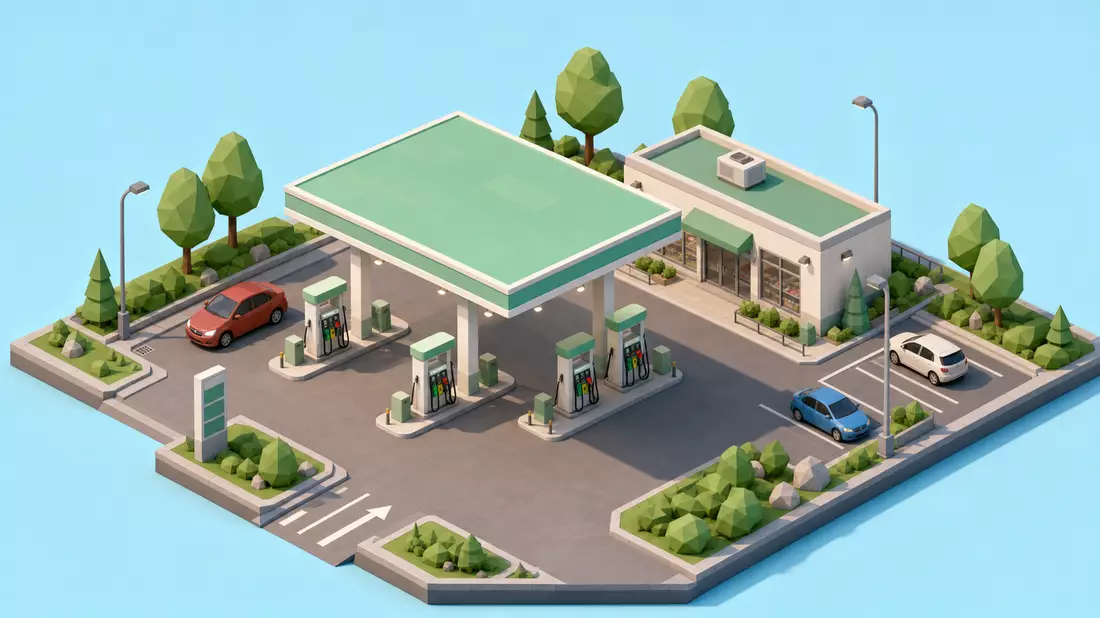 Isometrisches 3D Low-Poly Tankstellen-Diorama mit Vordach, Zapfsäulen, Minishop und Autos