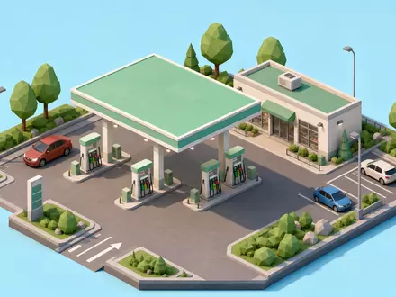 Shell plc GB00BP6MXD84: isometrisches Low-Poly-Diorama einer generischen Tankstation mit Vordach, Zapfsäulen und kleinem Shop - Foto: THN