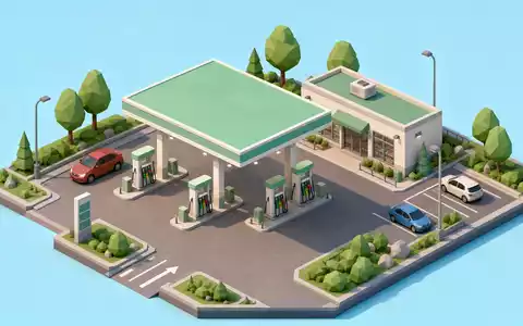 Shell plc GB00BP6MXD84: isometrisches Low-Poly-Diorama einer generischen Tankstation mit Vordach, Zapfsäulen und kleinem Shop - Foto: THN
