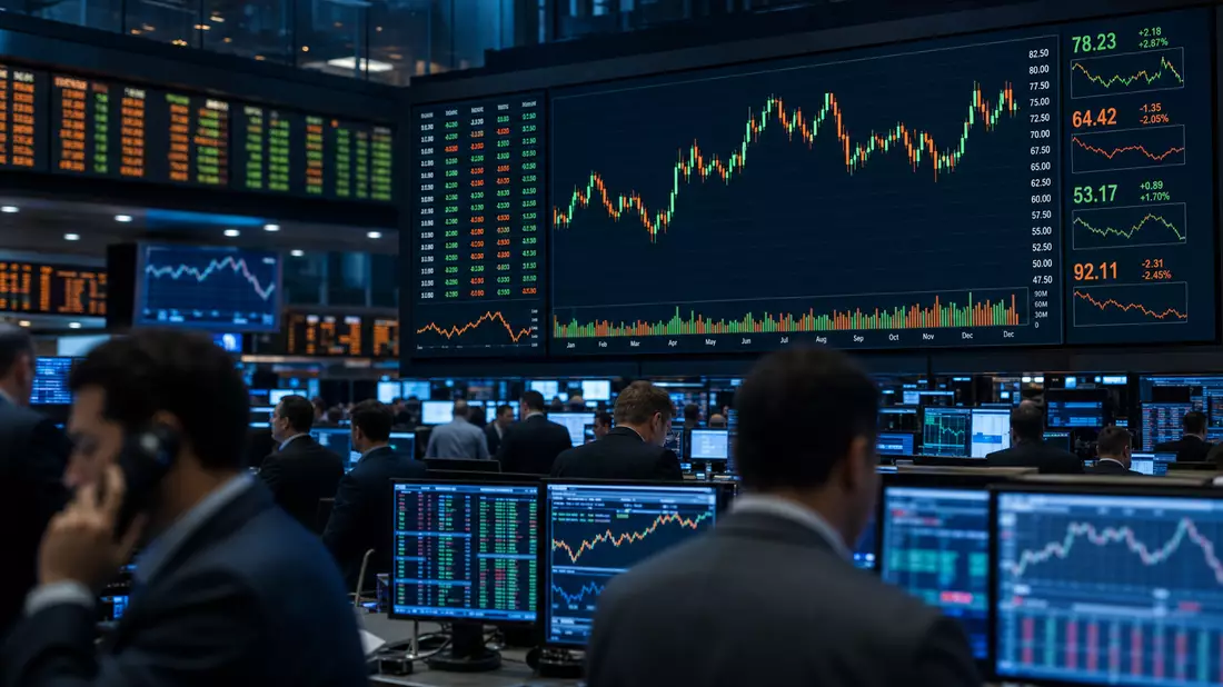 Trading-Floor mit Energiesektor-Kursboard, Candlestick-Charts und Händlern an Monitoren