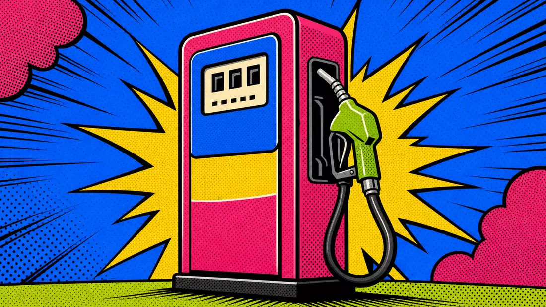 Pop-Art-Comic Tanksäule in Knallfarben mit Halftone-Rastermuster und Lichtenberg-Strahlen